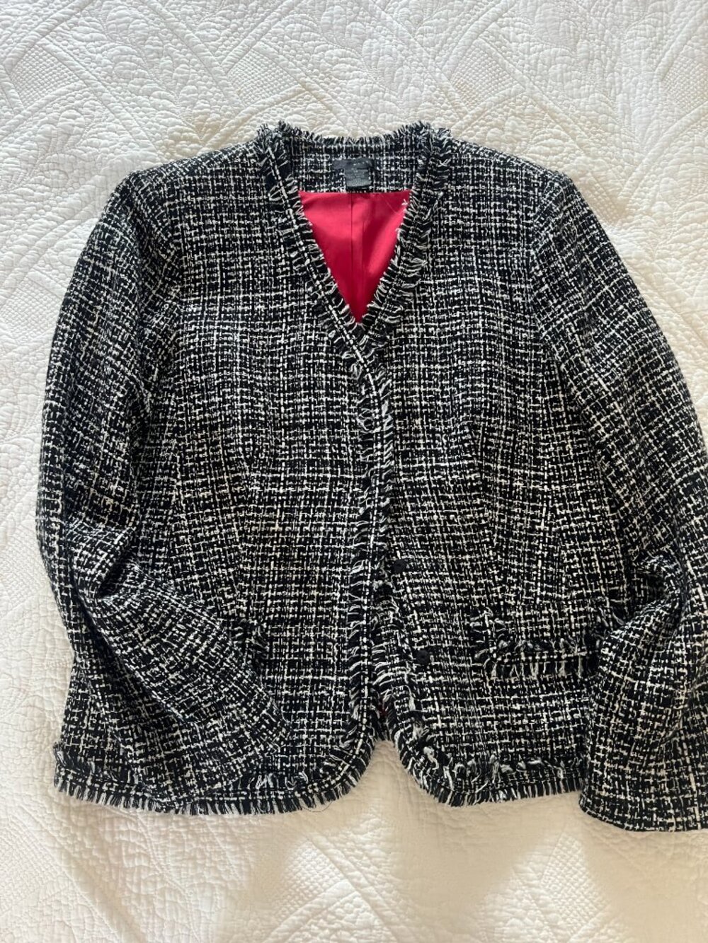 WDNY Jacket, black and white weave, fringe trim, sz 14